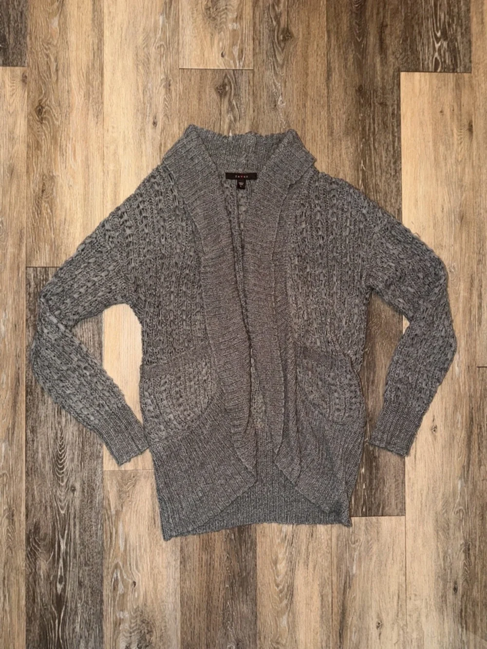 Fever Gray Women’s Crochet Knit Longline Drape Cardigan - Picture 5 of 7